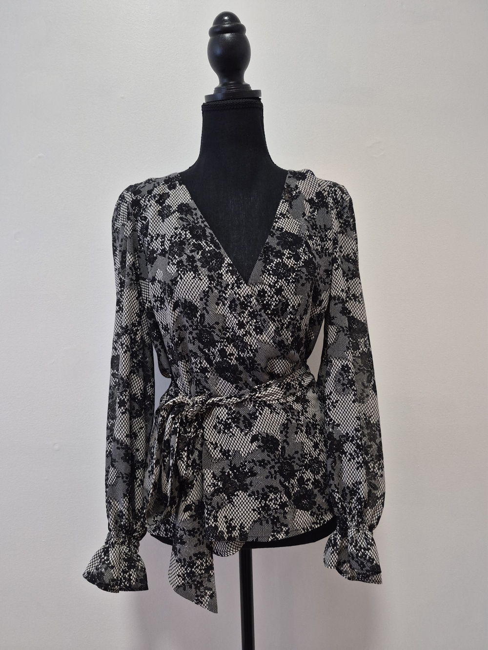 MICHAEL Michael Kors Black and White Floral Wrap Blouse